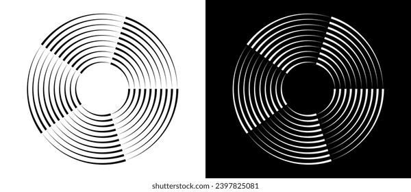 Lines in circle abstract background. Dynamic transition illusion. Black shape on a white background and the same white shape on the black side.