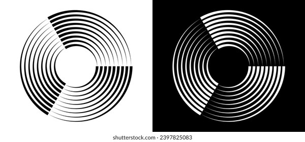 Lines in circle abstract background. Dynamic transition illusion. Black shape on a white background and the same white shape on the black side.
