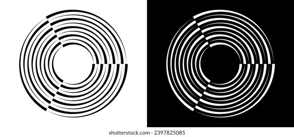 Lines in circle abstract background. Dynamic transition illusion. Black shape on a white background and the same white shape on the black side.