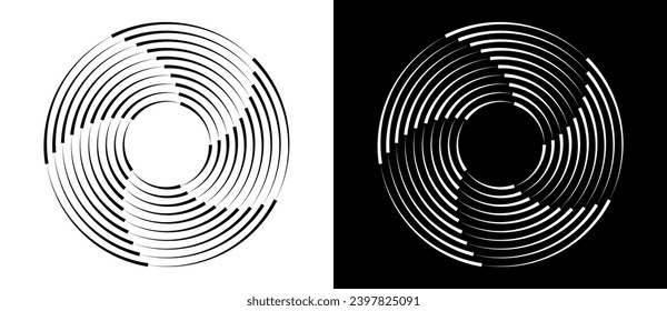 Lines in circle abstract background. Dynamic transition illusion. Black shape on a white background and the same white shape on the black side.