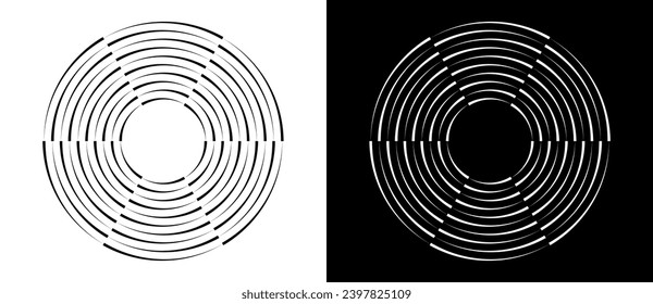 Lines in circle abstract background. Dynamic transition illusion. Black shape on a white background and the same white shape on the black side.