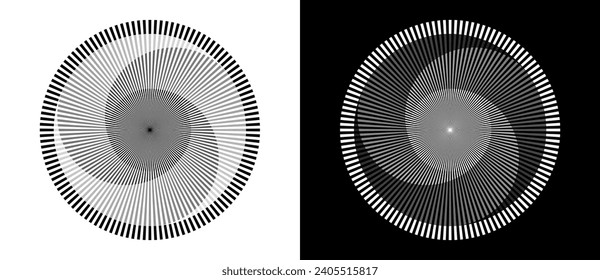 Líneas en un fondo abstracto de círculo. Ilusión de transición dinámica. Forma negra sobre un fondo blanco y la misma forma blanca sobre el lado negro.