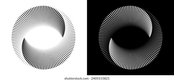 Lines in circle abstract background. Dynamic transition illusion. Black shape on a white background and the same white shape on the black side.