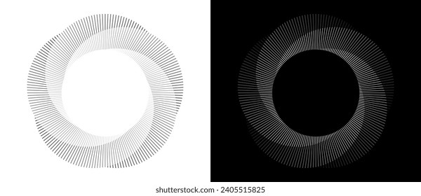 Líneas en un fondo abstracto de círculo. Ilusión de transición dinámica. Forma negra sobre un fondo blanco y la misma forma blanca sobre el lado negro.