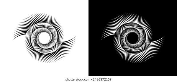 Lines in circle abstract background. Dynamic transition illusion in spiral. Yin and yang style. Black shape on a white background and the same white shape on the black side.