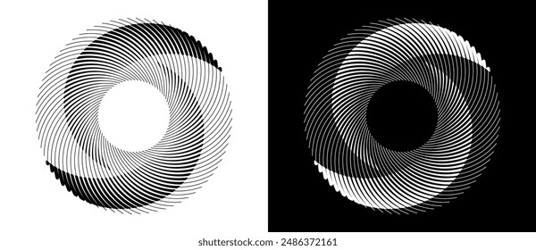 Lines in circle abstract background. Dynamic transition illusion in spiral. Yin and yang style. Black shape on a white background and the same white shape on the black side.