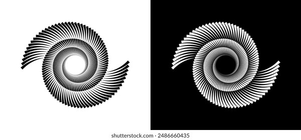 Lines in circle abstract background. Dynamic transition illusion in spiral. Yin and yang style. Black shape on a white background and the same white shape on the black side.