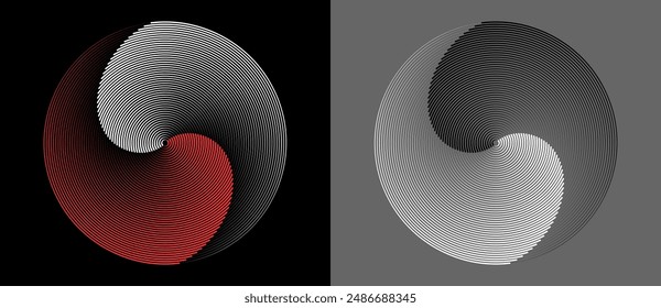Lines in circle abstract background. Dynamic transition illusion in spiral. Yin and yang style. Red and white, Black and white colors.