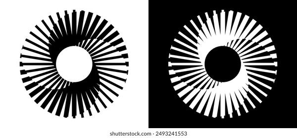 Lines in circle abstract background. Dynamic transition illusion. Black shape on a white background and the same white shape on the black side.
