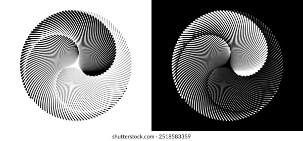 Lines in circle abstract background. Dynamic transition illusion with 3 parts. Black shape on a white background and the same white shape on the black side.