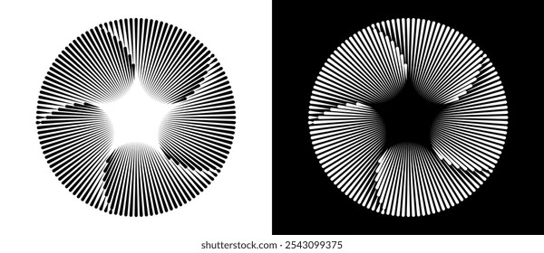 Líneas en el fondo abstracto del círculo. Ilusión de transición dinámica con 5 partes y forma de estrella en el interior. Forma negra sobre un fondo blanco y la misma forma blanca en el lado negro.