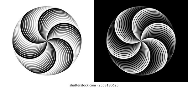 Lines in circle abstract background. Dynamic transition illusion with 6 parts. Dark shape on a white background and the same light shape on the black side.