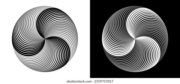 Lines in circle abstract background. Dynamic transition illusion with 6 parts. Dark shape on a white background and the same light shape on the black side.