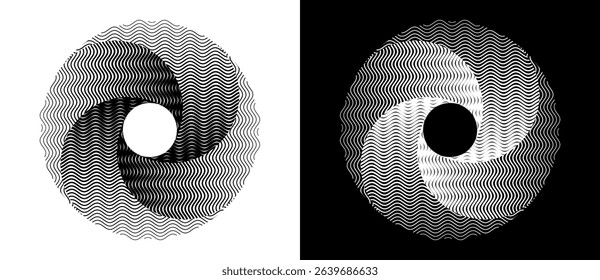 Lines in circle abstract background. Dynamic transition illusion. Black shape on a white background and the same white shape on the black side.