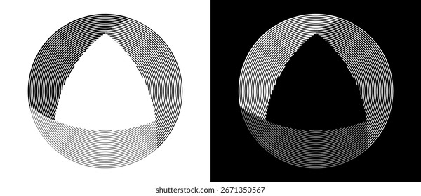 Lines in circle abstract background. Dynamic transition illusion. A black figure on a white background and an equally white figure on the black side.