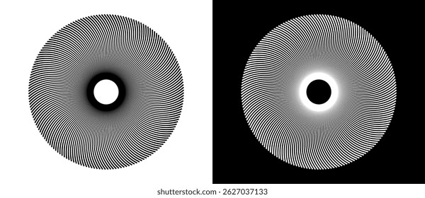 Lines in circle abstract background. Sun cocept. Black shape on a white background and the same white shape on the black side.