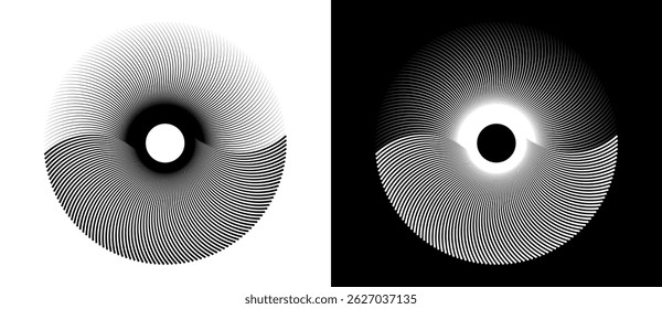 Lines in circle abstract background. Sun cocept. Black shape on a white background and the same white shape on the black side.