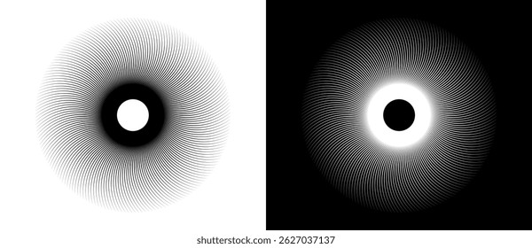 Linhas no plano de fundo abstrato do círculo. Conceito Sun. Forma preta em um plano de fundo branco e a mesma forma branca no lado preto.