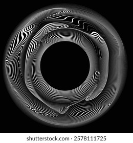 Lines in Circle Form .Optical illusion. Vector Illustration . Op art. Circles form a ring.Rotating design element . Various circle lines forming round frame . Abstract Geometric line art . 