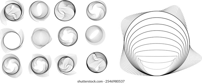 Linhas em forma de círculo . Girar forma arredondada Ilustração de vetor .Círculos giratórios formam um elemento de design ring.Rotating . Várias linhas de círculo formando quadro redondo . Arte de linha geométrica abstrata 