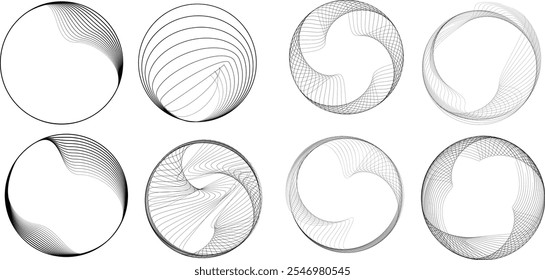 Lines in Circle Form . Rotate rounded shape Vector Illustration .Rotating circles form a ring.Rotating design element . Various circle lines forming round frame . Abstract Geometric line art 