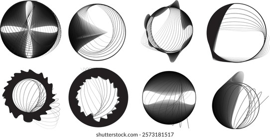 Lines in Circle Form . Rotate rounded shape Vector Illustration .Rotating circles form a ring.Rotating design element . Various circle lines forming round frame . Abstract Geometric line art .
