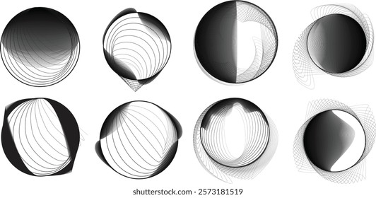 Lines in Circle Form . Rotate rounded shape Vector Illustration .Rotating circles form a ring.Rotating design element . Various circle lines forming round frame . Abstract Geometric line art .
