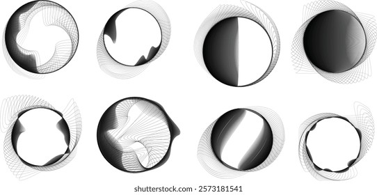 Lines in Circle Form . Rotate rounded shape Vector Illustration .Rotating circles form a ring.Rotating design element . Various circle lines forming round frame . Abstract Geometric line art .
