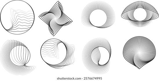 Lines in Circle Form . Rotate rounded shape Vector Illustration .Rotating circles form a ring.Rotating design element . Various circle lines forming round frame . Abstract Geometric line art .
