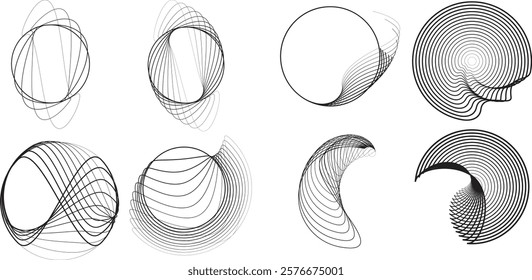 Lines in Circle Form . Rotate rounded shape Vector Illustration .Rotating circles form a ring.Rotating design element . Various circle lines forming round frame . Abstract Geometric line art .
