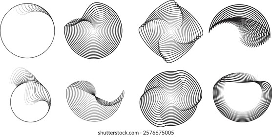 Lines in Circle Form . Rotate rounded shape Vector Illustration .Rotating circles form a ring.Rotating design element . Various circle lines forming round frame . Abstract Geometric line art .
