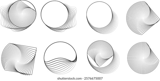 Lines in Circle Form . Rotate rounded shape Vector Illustration .Rotating circles form a ring.Rotating design element . Various circle lines forming round frame . Abstract Geometric line art .
