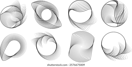 Lines in Circle Form . Rotate rounded shape Vector Illustration .Rotating circles form a ring.Rotating design element . Various circle lines forming round frame . Abstract Geometric line art .
