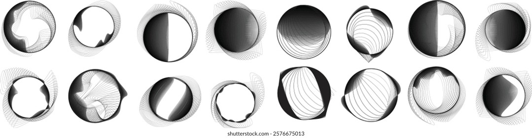 Lines in Circle Form . Rotate rounded shape Vector Illustration .Rotating circles form a ring.Rotating design element . Various circle lines forming round frame . Abstract Geometric line art .
