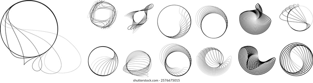 Lines in Circle Form . Rotate rounded shape Vector Illustration .Rotating circles form a ring.Rotating design element . Various circle lines forming round frame . Abstract Geometric line art .
