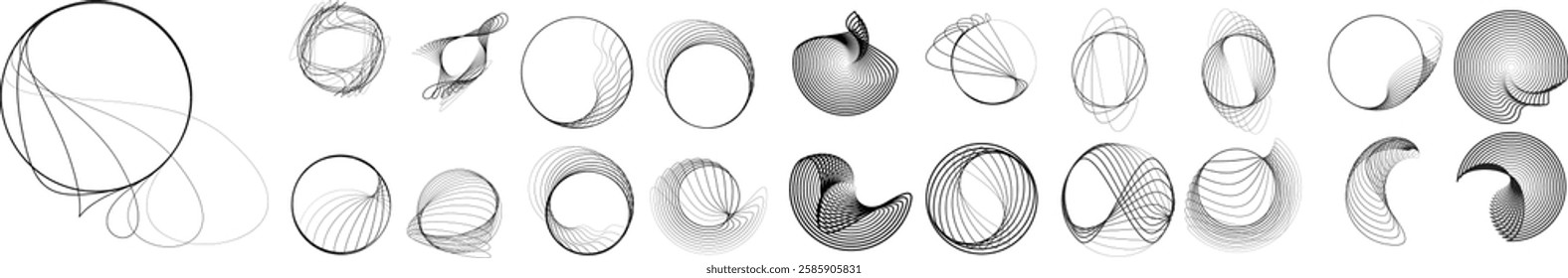 Lines in Circle Form . Rotate rounded shape Vector Illustration .Rotating circles form a ring.Rotating design element . Various circle lines forming round frame . Abstract Geometric line art .
