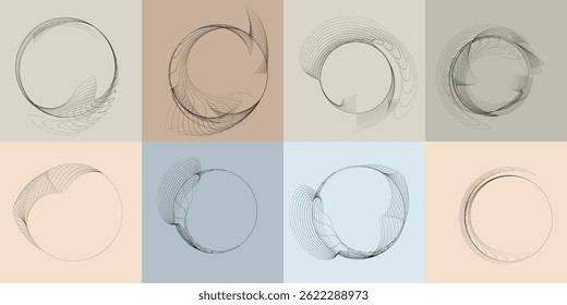
Lines in Circle Form . Rotate rounded shape Vector Illustration .Rotating circles form a ring.Rotating design element . Various circle lines forming round frame . Abstract Geometric line art .
