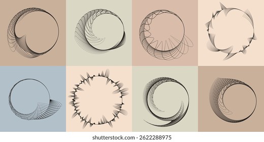
Lines in Circle Form . Rotate rounded shape Vector Illustration .Rotating circles form a ring.Rotating design element . Various circle lines forming round frame . Abstract Geometric line art .
