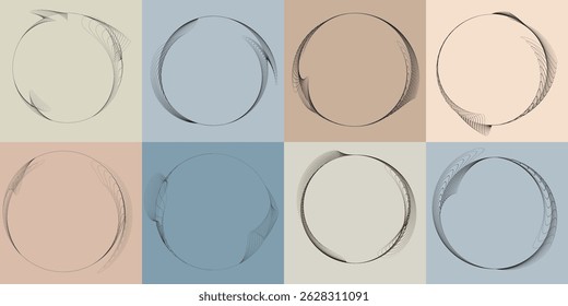 Lines in Circle Form . Rotate rounded shape Vector Illustration .Rotating circles form a ring.Rotating design element . Various circle lines forming round frame . Abstract Geometric line art .
