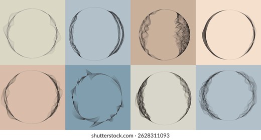 Lines in Circle Form . Rotate rounded shape Vector Illustration .Rotating circles form a ring.Rotating design element . Various circle lines forming round frame . Abstract Geometric line art .

