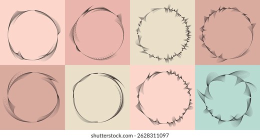 Lines in Circle Form . Rotate rounded shape Vector Illustration .Rotating circles form a ring.Rotating design element . Various circle lines forming round frame . Abstract Geometric line art .
