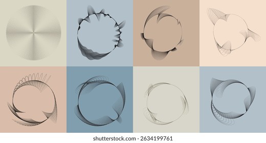 Lines in Circle Form . Rotate rounded shape Vector Illustration .Rotating circles form a ring.Rotating design element . Various circle lines forming round frame . Abstract Geometric line art .
