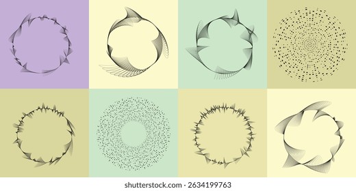 Lines in Circle Form . Rotate rounded shape Vector Illustration .Rotating circles form a ring.Rotating design element . Various circle lines forming round frame . Abstract Geometric line art .
