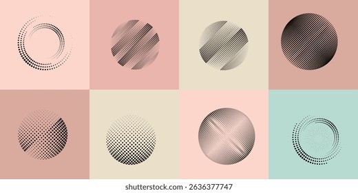 Lines in Circle Form . Rotate rounded shape Vector Illustration .Rotating circles form a ring.Rotating design element . Various circle lines forming round frame . Abstract Geometric line art .
