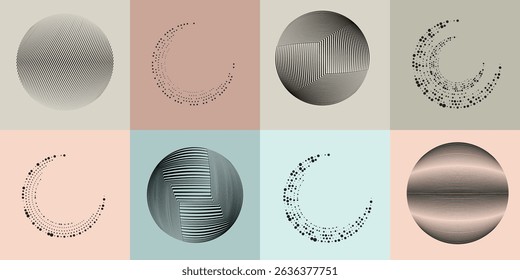 Lines in Circle Form . Rotate rounded shape Vector Illustration .Rotating circles form a ring.Rotating design element . Various circle lines forming round frame . Abstract Geometric line art .
