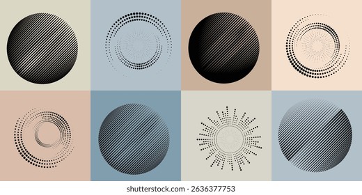 Lines in Circle Form . Rotate rounded shape Vector Illustration .Rotating circles form a ring.Rotating design element . Various circle lines forming round frame . Abstract Geometric line art .
