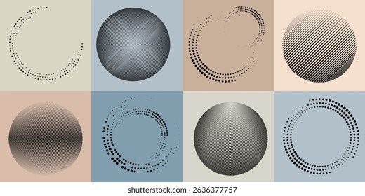 Lines in Circle Form . Rotate rounded shape Vector Illustration .Rotating circles form a ring.Rotating design element . Various circle lines forming round frame . Abstract Geometric line art .
