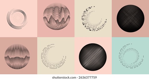 Lines in Circle Form . Rotate rounded shape Vector Illustration .Rotating circles form a ring.Rotating design element . Various circle lines forming round frame . Abstract Geometric line art .
