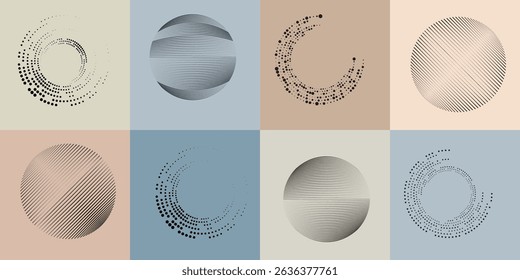 Lines in Circle Form . Rotate rounded shape Vector Illustration .Rotating circles form a ring.Rotating design element . Various circle lines forming round frame . Abstract Geometric line art .
