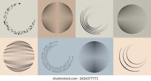 Lines in Circle Form . Rotate rounded shape Vector Illustration .Rotating circles form a ring.Rotating design element . Various circle lines forming round frame . Abstract Geometric line art .
